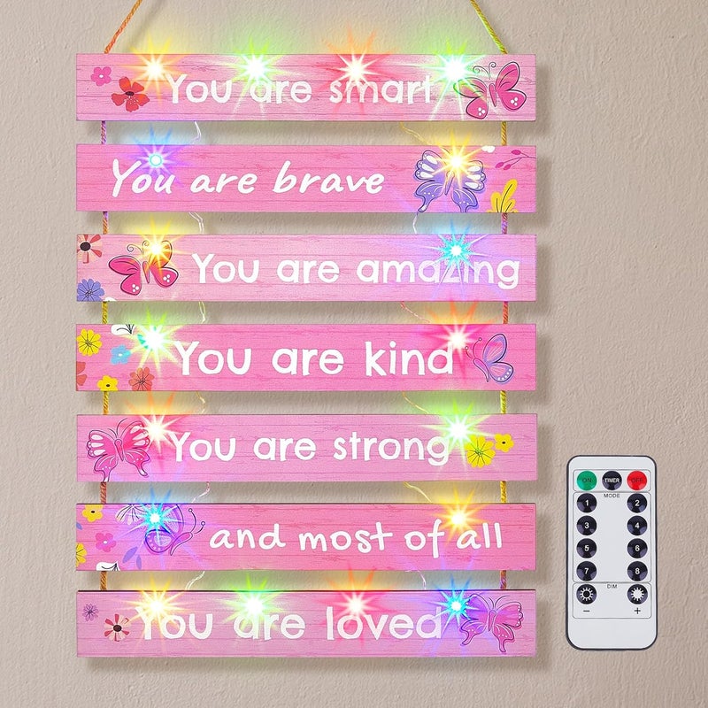 FIOBEE Girls Room Décor for Teen Girls Boys with LED Light Wall Decor for Bedroom Motivational Inspirational Wall Art Room Decoration for Kids Studyroom, 8 Kinds of Lights, Light Pink Butterfly - Image 1